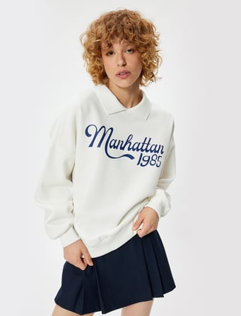 Polo Yaka Sweatshirt Oversize Kolej Baskılı Uzun Kollu