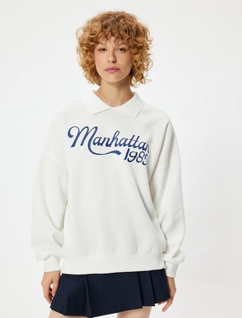Polo Yaka Sweatshirt Oversize Kolej Baskılı Uzun Kollu