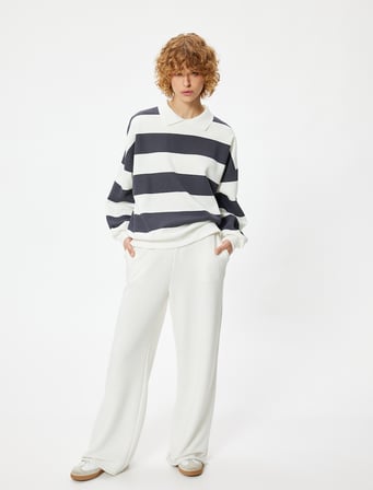Polo Yaka Sweatshirt Oversize Renk Bloklu Uzun Kollu