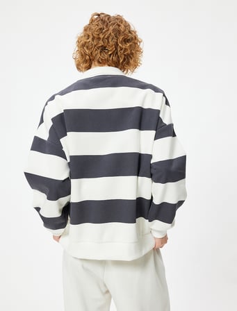 Polo Yaka Sweatshirt Oversize Renk Bloklu Uzun Kollu