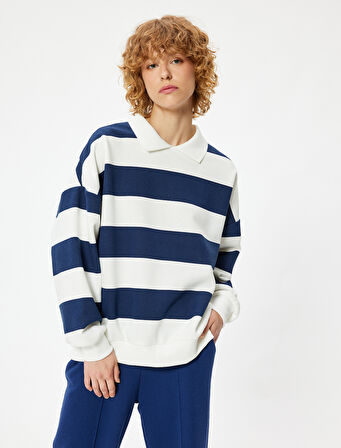 Polo Yaka Sweatshirt Oversize Renk Bloklu Uzun Kollu