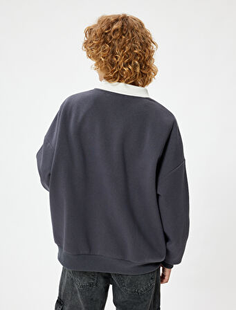 Polo Yaka Sweatshirt Oversize Kolej Baskılı Uzun Kollu