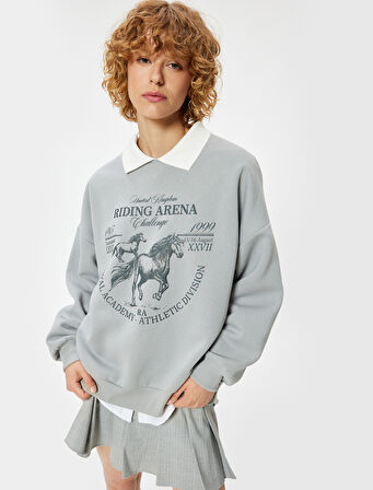 Polo Yaka Sweatshirt Oversize Kolej Baskılı Uzun Kollu
