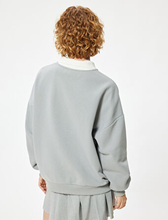 Polo Yaka Sweatshirt Oversize Kolej Baskılı Uzun Kollu