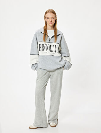 Oversize Sweatshirt Yarım Fermuarlı Kolej Baskılı Renk Bloklu Şardonlu