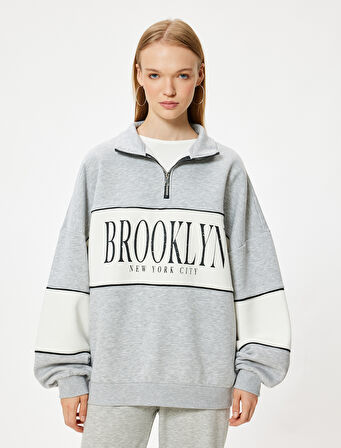 Oversize Sweatshirt Yarım Fermuarlı Kolej Baskılı Renk Bloklu Şardonlu