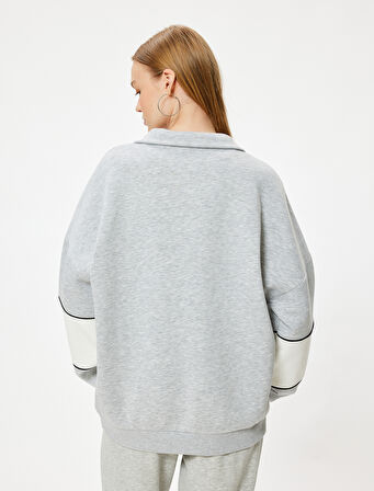 Oversize Sweatshirt Yarım Fermuarlı Kolej Baskılı Renk Bloklu Şardonlu