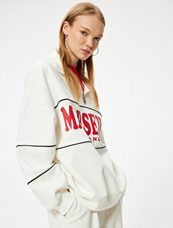 Oversize Sweatshirt Yarım Fermuarlı Kolej Baskılı Şardonlu