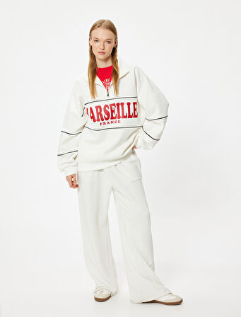 Oversize Sweatshirt Yarım Fermuarlı Kolej Baskılı Şardonlu