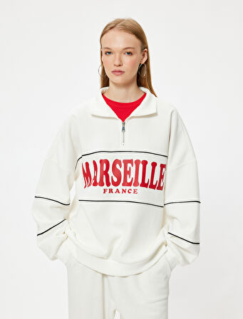 Oversize Sweatshirt Yarım Fermuarlı Kolej Baskılı Şardonlu