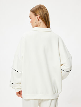 Oversize Sweatshirt Yarım Fermuarlı Kolej Baskılı Şardonlu