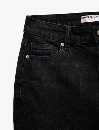 Pamuklu Yüksek Bel Düğmeli Slim Fit Mom Jean Pantolon - Mom Jeans