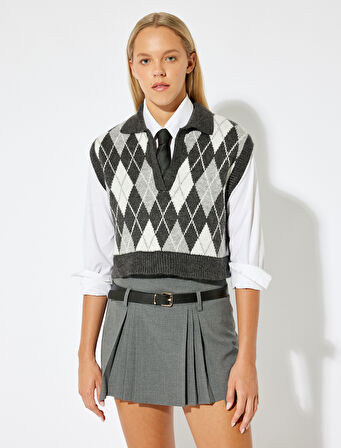 Kolsuz Süveter Polo Yaka Geometrik Desenli