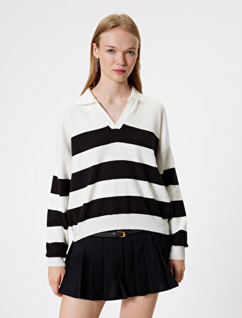 Polo Yaka Kazak Triko Renk Bloklu Uzun Kollu