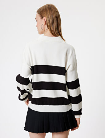 Polo Yaka Kazak Triko Renk Bloklu Uzun Kollu