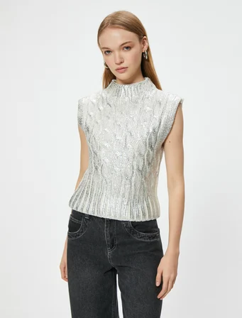 Kolsuz Süveter Dik Yaka Metalik Örgü Dokulu Slim Fit