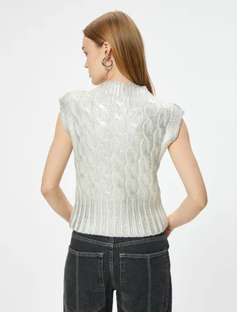 Kolsuz Süveter Dik Yaka Metalik Örgü Dokulu Slim Fit