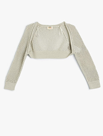 Crop Triko Hırka Ajurlu Uzun Kollu