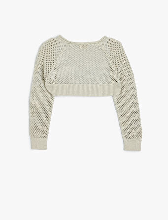 Crop Triko Hırka Ajurlu Uzun Kollu