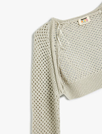 Crop Triko Hırka Ajurlu Uzun Kollu