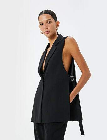 Uzun Yelek Yanları Yırtmaçlı Kemer Detaylı Kruvaze Ters Ceket Yaka