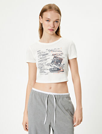 Crop Baskılı Tişört Kısa Kollu Bisiklet Yaka Slim Fit Pamuklu