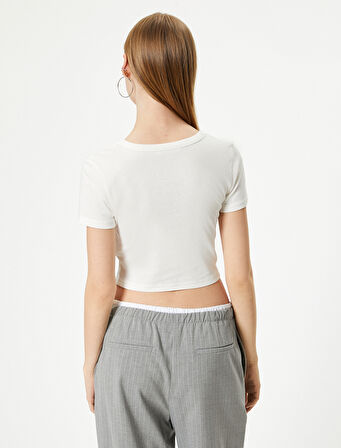 Crop Baskılı Tişört Kısa Kollu Bisiklet Yaka Slim Fit Pamuklu