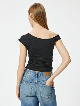 Kolsuz Bluz Omuz Detaylı Drapeli Kayık Yaka Slim Fit