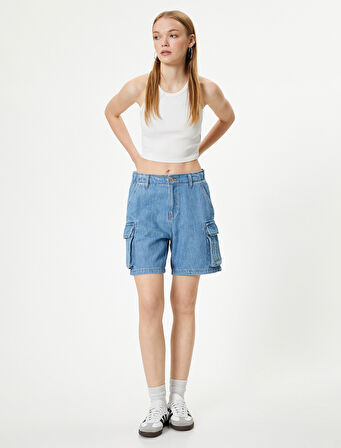 Denim Kargo Bermuda Şort Cepli Standart Bel