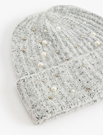 Örgü Bere İnci Boncuk İşlemeli Yumuşak Dokulu Katlama Detaylı