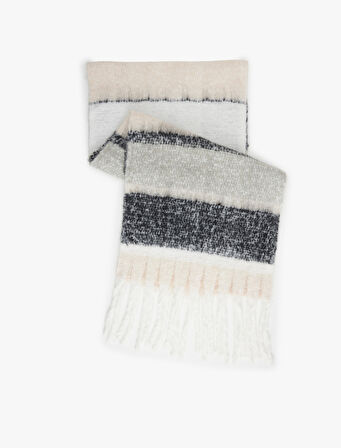 Uzun Atkı Renk Bloklu Yumuşak Dokulu Püsküllü