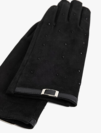 Süet Görünümlü Eldiven Boncuklu Kemer Detaylı