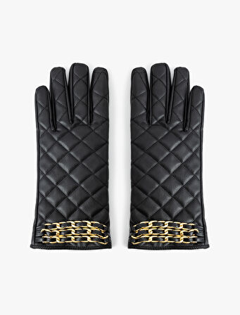 Suni Deri Eldiven Kapitoneli Zincir Detaylı