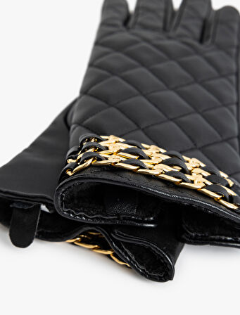 Suni Deri Eldiven Kapitoneli Zincir Detaylı