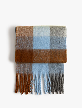 Uzun Atkı Püsküllü Kareli Yumuşak Dokulu