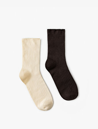 2'li Soket Çorap Örgü Dokulu Çok Renkli