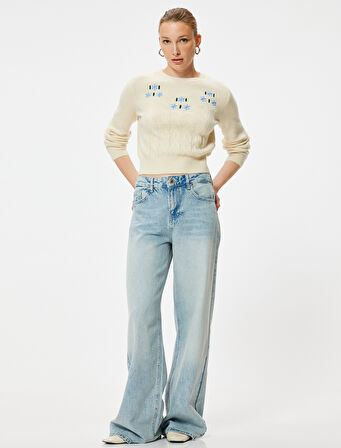 Çiçekli Triko Kazak Uzun Kollu Yumuşak Dokulu