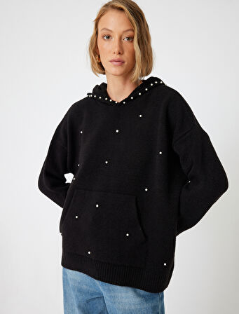 Kapüşonlu Oversize Triko Kazak Taşlı Uzun Kollu