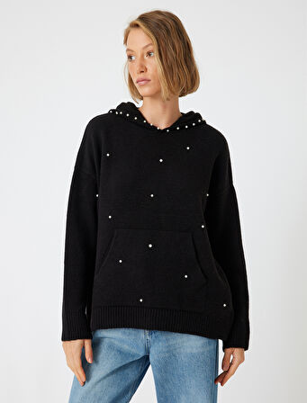 Kapüşonlu Oversize Triko Kazak Taşlı Uzun Kollu