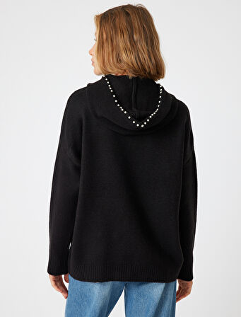 Kapüşonlu Oversize Triko Kazak Taşlı Uzun Kollu