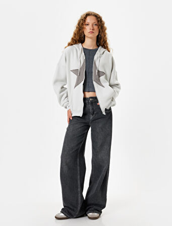 Oversize Fermuarlı Sweatshirt Kapüşonlu Yıldız İşlemeli Cep Detaylı Şardonlu