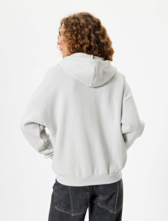 Oversize Fermuarlı Sweatshirt Kapüşonlu Yıldız İşlemeli Cep Detaylı Şardonlu