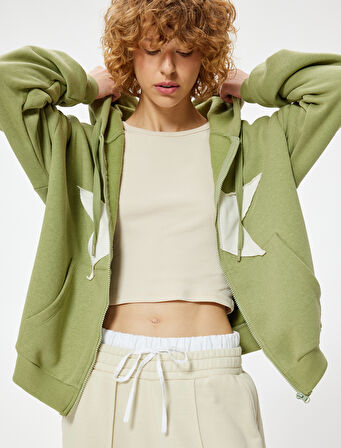 Oversize Fermuarlı Sweatshirt Kapüşonlu Yıldız İşlemeli Cep Detaylı Şardonlu