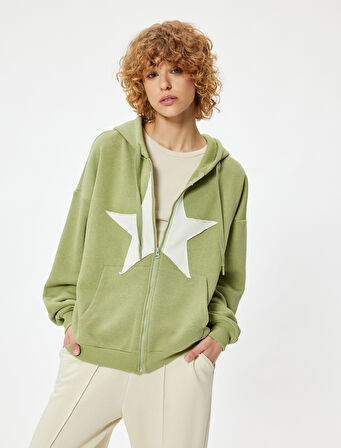 Oversize Fermuarlı Sweatshirt Kapüşonlu Yıldız İşlemeli Cep Detaylı Şardonlu