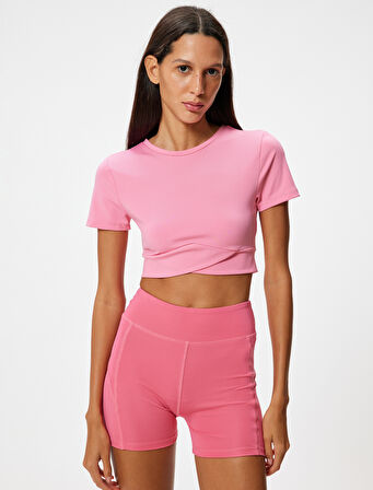 Crop Spor Tişört Slim Fit Bisiklet Yaka Katlı Kısa Kollu