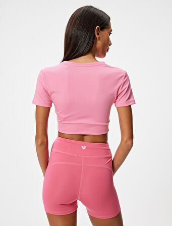 Crop Spor Tişört Slim Fit Bisiklet Yaka Katlı Kısa Kollu