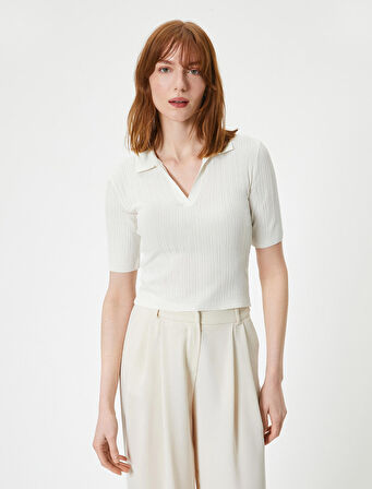 Polo Yaka Kazak Triko Crop Kısa Kollu