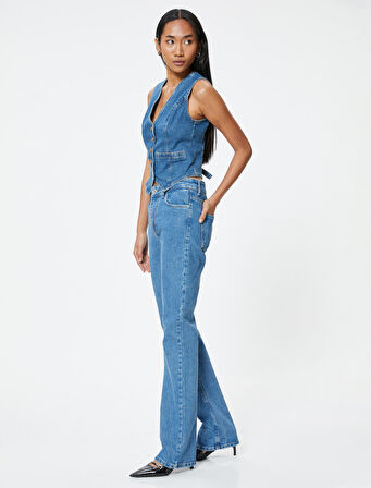 İspanyol Paça Kot Pantolon Yüksek Bel Cepli - Flare Slim Jeans