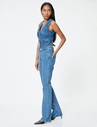 İspanyol Paça Kot Pantolon Yüksek Bel Cepli - Flare Slim Jeans