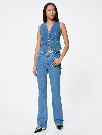 İspanyol Paça Kot Pantolon Yüksek Bel Cepli - Flare Slim Jeans